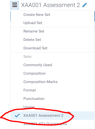 Image shows the Quickmark Manager menu with a set selected