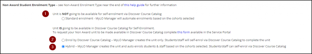 Screenshot of enrolment types displayed in MyLO Manager