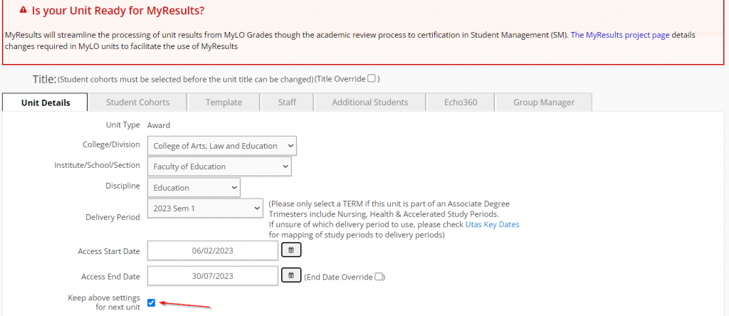 Sticky Unit checkbox in MyLO Manager